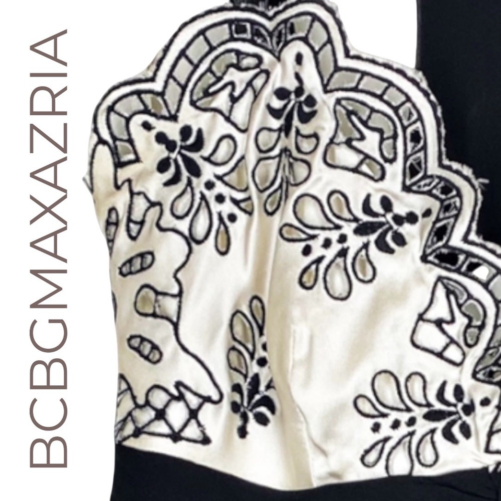 BCBGMAXAZRIA Halter Dress Black Ivory Embroidered‎ Y2K Evening Size 0 - Picture 6 of 13